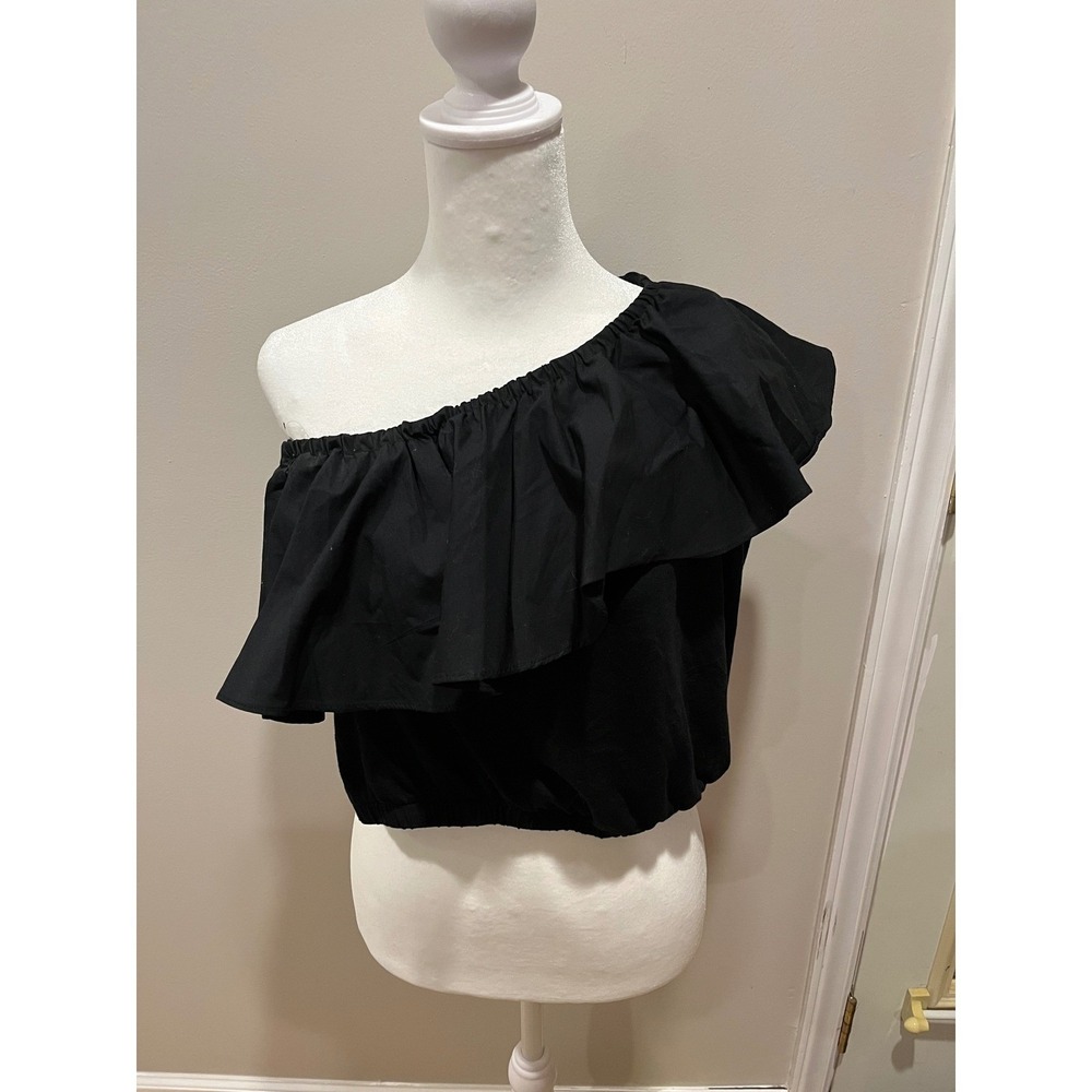 A New Day Womens Black One Shoulder Ruffle Blouse Elastic Hem Top XS